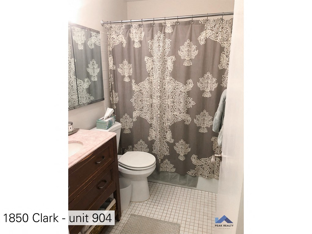 a bathroom with a shower curtain and a toilet and a sink